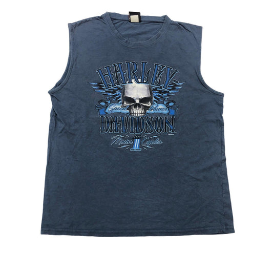 【中古】HARLEY-DAVIDSON | ハーレーダビットソン 2018 WOODSTOCK スカルプリント カラー タンクトップ ブルー サイズ：L【加古川物流】