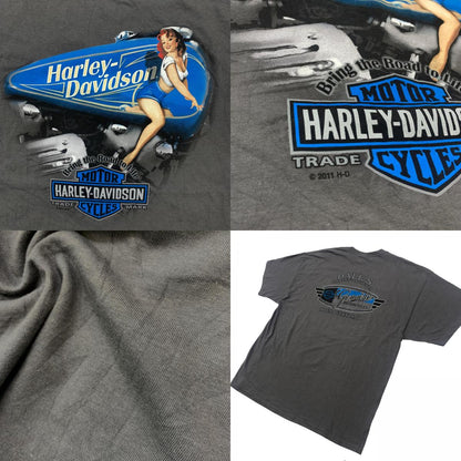 【中古】HARLEY-DAVIDSON | ハーレーダビットソン ピンナップガール DALE'S MOUNT VERNON ナックルヘッド 両面プリント 半袖Ｔシャツ グレー【加古川物流】
