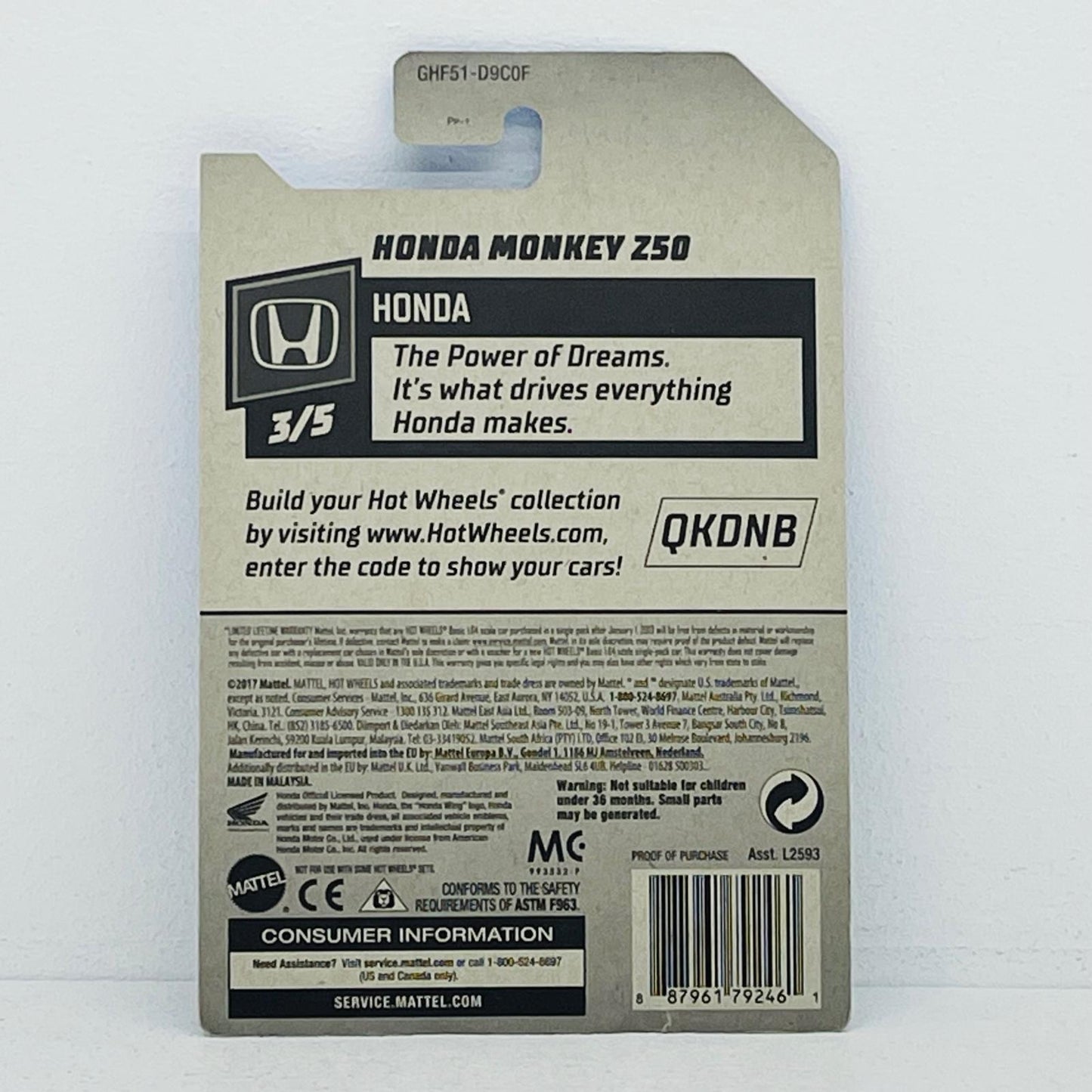 おもちゃ・玩具 1/64 HONDA MONKEY Z50(ホワイト×ブラック) 「Hot Wheels HONDA」 [GHF51] HONDA MONKEY Z50 1/64スケール【加古川物流】