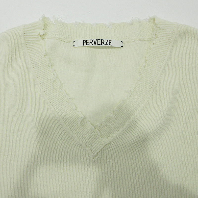 PERVERZE | パーバーズ USED加工Vネック長袖ライトニット ダメージ加工セーター ニット 011701051000 ホワイト 生成り サイズ：FreeSize【三重本店】