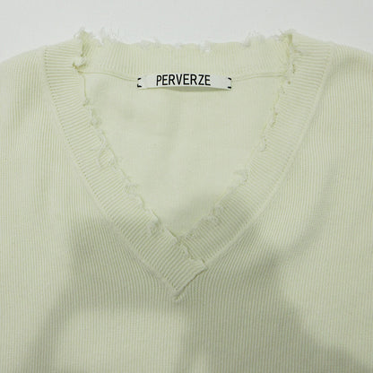PERVERZE | パーバーズ USED加工Vネック長袖ライトニット ダメージ加工セーター ニット 011701051000 ホワイト 生成り サイズ：FreeSize【三重本店】