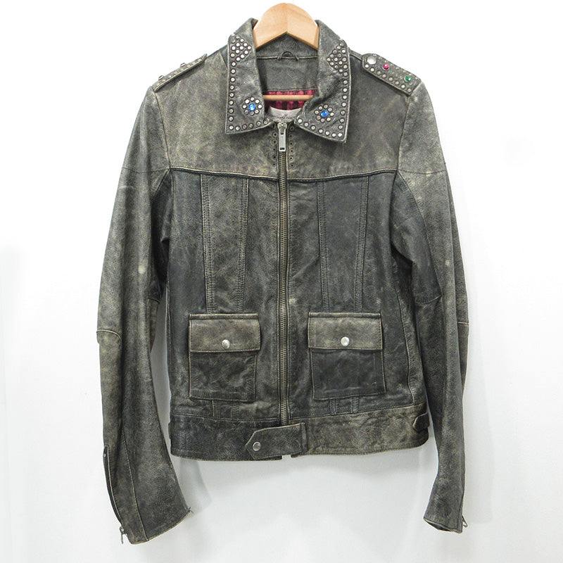 GOLDEN GOOSE DELUXE BRAND | ゴールデングースデラックスブランド USED加工スタッズ付シープスキンレザージャケット ダメージ加工 レザー G21U532.A4 グレー ブラック系 サイズ：XS【三重本店】