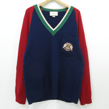 GUCCI | グッチ Vネックカレッジワッペン付き ニット 575504-XKATG ネイビー×レッド サイズ：L【三重本店】