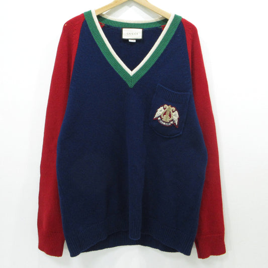 GUCCI | グッチ Vネックカレッジワッペン付き ニット 575504-XKATG ネイビー×レッド サイズ：L【三重本店】