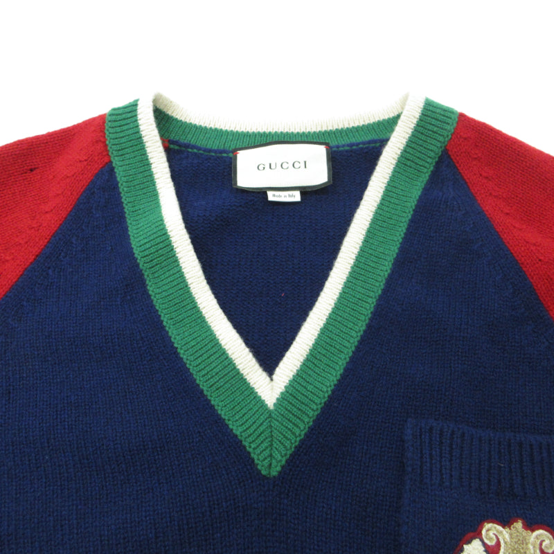 GUCCI | グッチ Vネックカレッジワッペン付き ニット 575504-XKATG ネイビー×レッド サイズ：L【三重本店】