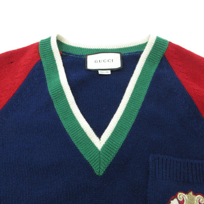 GUCCI | グッチ Vネックカレッジワッペン付き ニット 575504-XKATG ネイビー×レッド サイズ：L【三重本店】