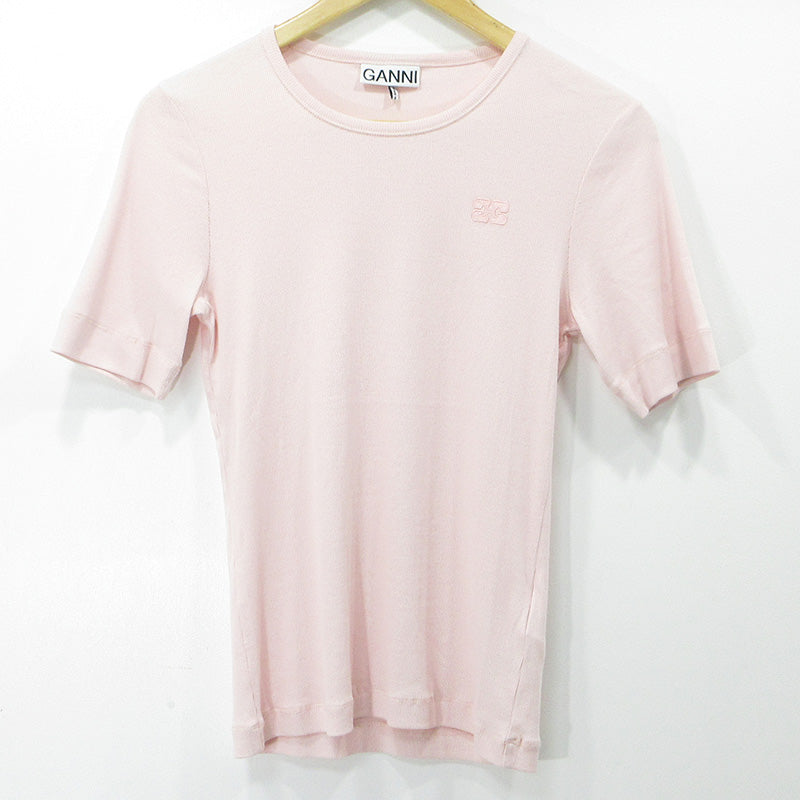 GANNI | ガニー Soft Cotton Rib Sleeve T ソフトコットンリブスリーブ半袖Tシャツ ロゴ刺繍 半袖Ｔシャツ T4015 ピンク サイズ：M【三重本店】
