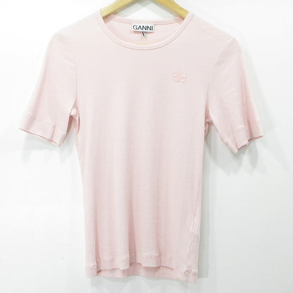 GANNI | ガニー Soft Cotton Rib Sleeve T ソフトコットンリブスリーブ半袖Tシャツ ロゴ刺繍 半袖Ｔシャツ T4015 ピンク サイズ：M【三重本店】