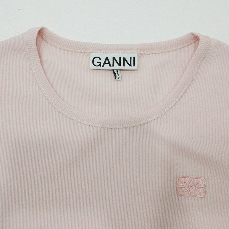 GANNI | ガニー Soft Cotton Rib Sleeve T ソフトコットンリブスリーブ半袖Tシャツ ロゴ刺繍 半袖Ｔシャツ T4015 ピンク サイズ：M【三重本店】