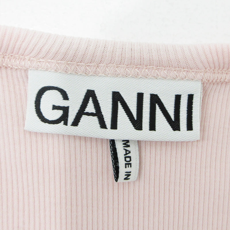 GANNI | ガニー Soft Cotton Rib Sleeve T ソフトコットンリブスリーブ半袖Tシャツ ロゴ刺繍 半袖Ｔシャツ T4015 ピンク サイズ：M【三重本店】