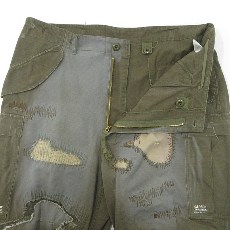 SAPEur | サプール M-65 Re:MAKE CARGOPANTS リメイクカーゴパンツ USED加工 ダメージ加工 カーゴパンツ カーキグリーン×グレー サイズ：XL【三重本店】