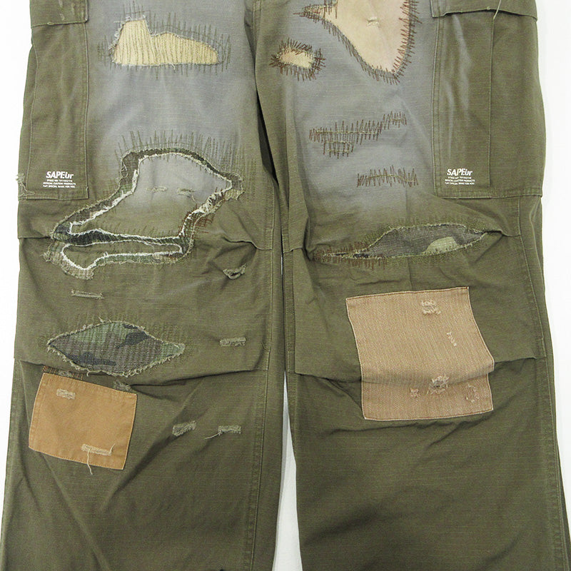 SAPEur | サプール M-65 Re:MAKE CARGOPANTS リメイクカーゴパンツ USED加工 ダメージ加工 カーゴパンツ カーキグリーン×グレー サイズ：XL【三重本店】