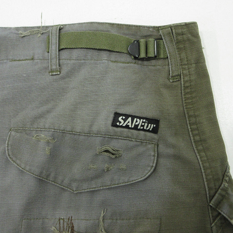 SAPEur | サプール M-65 Re:MAKE CARGOPANTS リメイクカーゴパンツ USED加工 ダメージ加工 カーゴパンツ カーキグリーン×グレー サイズ：XL【三重本店】