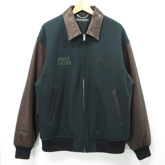 WACKOMARIA | ワコマリア LEATHER VARSITY JACKET TYPE-1 レザーバーシティジャケット カウレザー袖ロゴ刺繍ウールスタジャン スタジャン グリーン×ブラウン サイズ：XL【三重本店】