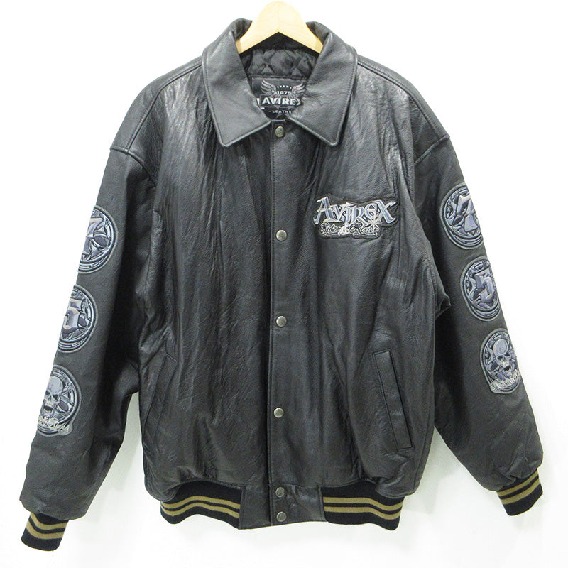 AVIREX | アヴィレックス LEATHER VARSITY JACKET レザーバーシティージャケット スカル刺繍中綿レザージャケット 髑髏 レザー ブラック サイズ：XXL【三重本店】