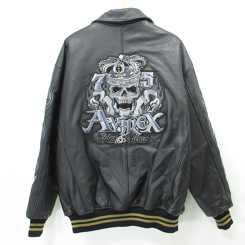 AVIREX | アヴィレックス LEATHER VARSITY JACKET レザーバーシティージャケット スカル刺繍中綿レザージャケット 髑髏 レザー ブラック サイズ：XXL【三重本店】