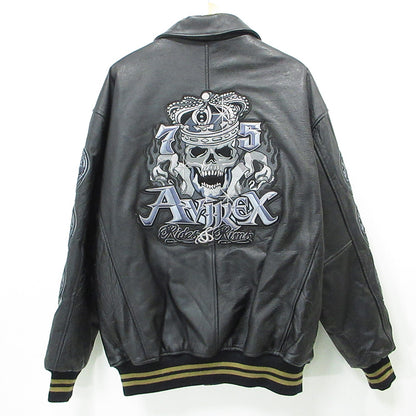 AVIREX | アヴィレックス LEATHER VARSITY JACKET レザーバーシティージャケット スカル刺繍中綿レザージャケット 髑髏 レザー ブラック サイズ：XXL【三重本店】