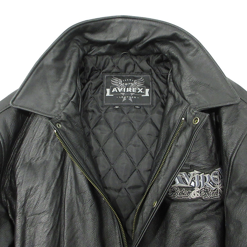 AVIREX | アヴィレックス LEATHER VARSITY JACKET レザーバーシティージャケット スカル刺繍中綿レザージャケット 髑髏 レザー ブラック サイズ：XXL【三重本店】