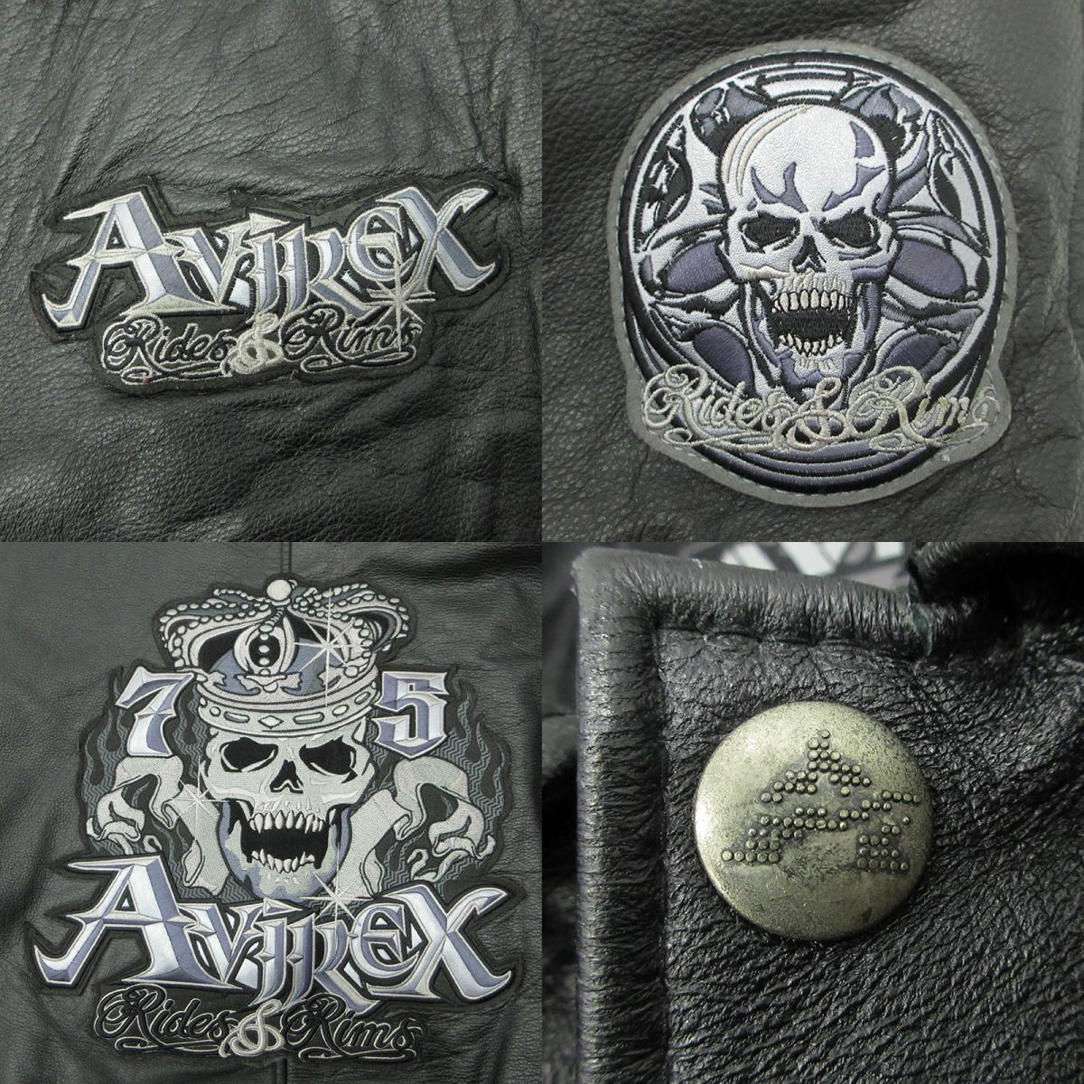 AVIREX | アヴィレックス LEATHER VARSITY JACKET レザーバーシティージャケット スカル刺繍中綿レザージャケット 髑髏 レザー ブラック サイズ：XXL【三重本店】