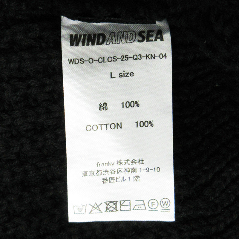 WIND AND SEA | ウィンダンシーウインダンシー Waffle Crewneck Knit Sweater ワッフルクルーネックニットセーター ロゴ刺繍長袖ニット ロゴメタルプレート セーター WDS-O-CLCS-25-Q3-KN-04 ブラック サイズ：L【三重本店】