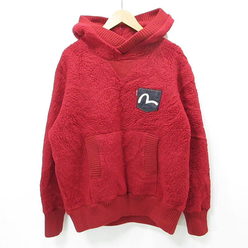 EVISU | エヴィス 胸ポケット付きウールボアフリース長袖パーカー ボアプルオーバージャケット カモメ刺繍 その他アウター レッド サイズ：XXL【三重本店】