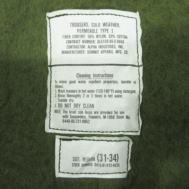 MILITARY衣料 | ミリタリーイリョウ U.S.NAVY A-2 デッキパンツ TROUSERS COLD WEATHER PERMEABLE TYPE1 80's 米海軍 ミリタリーパンツ パンツ 8440-00-221-0852 カーキグリーン サイズ：31【三重本店】