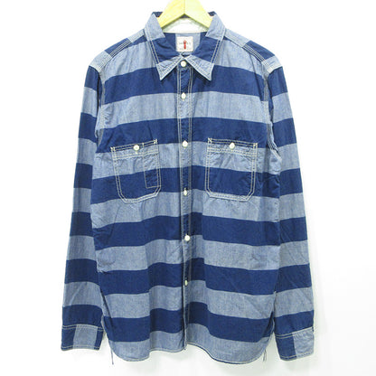 SAMURAI JEANS | サムライジーンズ ボーダーワークシャツ 総柄長袖シャツ 長袖シャツ SIBS12-L ブルー×ネイビー サイズ：XL【三重本店】