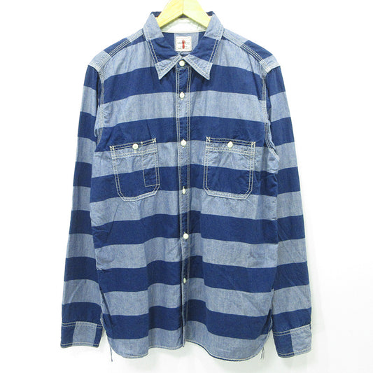 SAMURAI JEANS | サムライジーンズ ボーダーワークシャツ 総柄長袖シャツ 長袖シャツ SIBS12-L ブルー×ネイビー サイズ：XL【三重本店】
