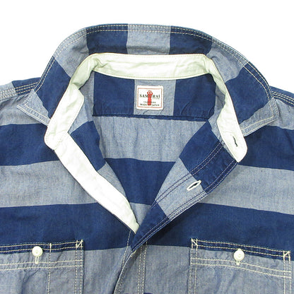 SAMURAI JEANS | サムライジーンズ ボーダーワークシャツ 総柄長袖シャツ 長袖シャツ SIBS12-L ブルー×ネイビー サイズ：XL【三重本店】