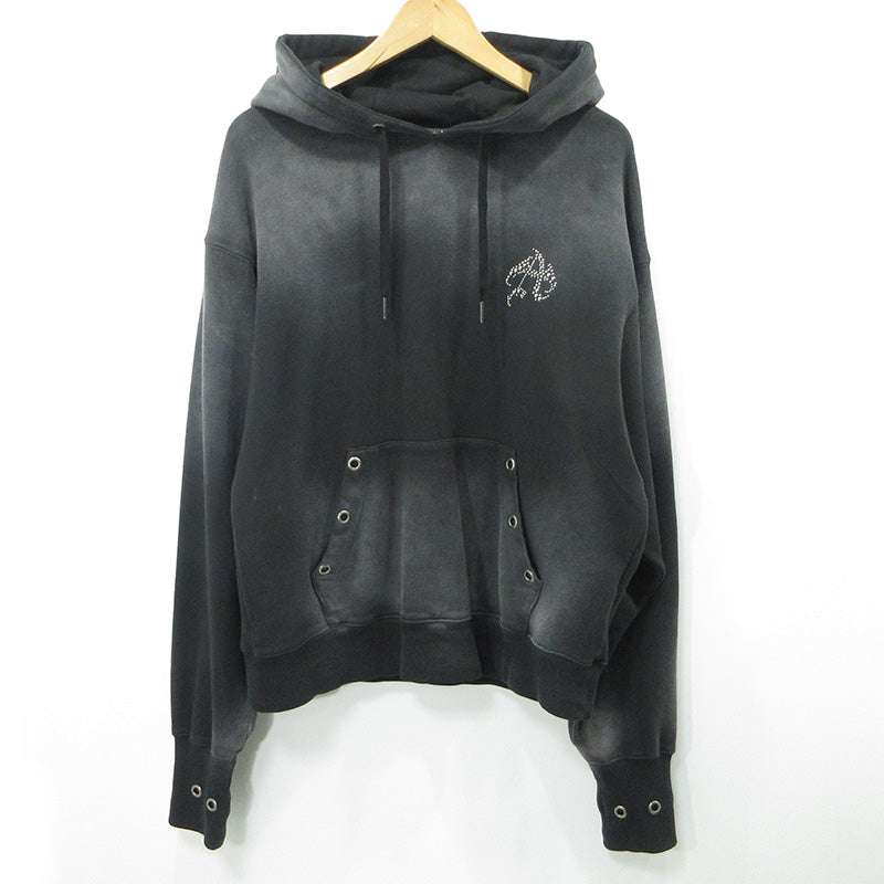 ANTIMID | アンチミッド Studs Hoodie スタッズフーディ USED加工長袖パーカー ダメージ加工 サムホール袖 パーカー ブラック サイズ：L【三重本店】