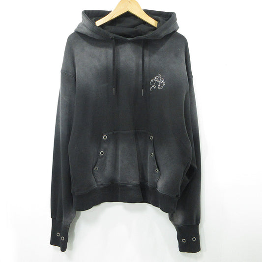 ANTIMID | アンチミッド Studs Hoodie スタッズフーディ USED加工長袖パーカー ダメージ加工 サムホール袖 パーカー ブラック サイズ：L【三重本店】