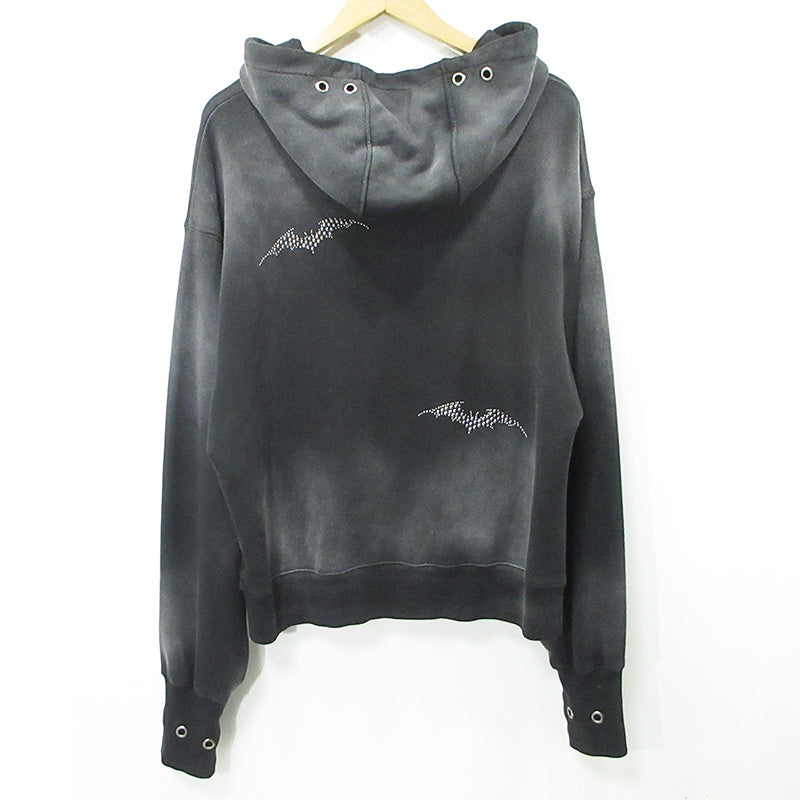 ANTIMID | アンチミッド Studs Hoodie スタッズフーディ USED加工長袖パーカー ダメージ加工 サムホール袖 パーカー ブラック サイズ：L【三重本店】