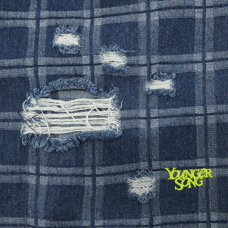 youngersong | ヤンガーソング 総柄USED加工パンツ チェック柄ジップフライデニムパンツ ロゴ刺繍 ダメージ加工 その他ボトムス AZR-YNG-0001-012 ネイビー サイズ：S【三重本店】