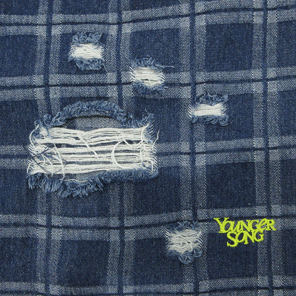 youngersong | ヤンガーソング 総柄USED加工パンツ チェック柄ジップフライデニムパンツ ロゴ刺繍 ダメージ加工 その他ボトムス AZR-YNG-0001-012 ネイビー サイズ：S【三重本店】