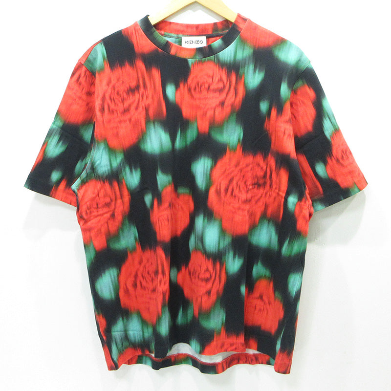 KENZO | ケンゾー Floral Blur Effect フローラルブラーエフェクト 総柄半袖Tシャツ 虎刺繍 フラワープリント 花柄 半袖Ｔシャツ FB55TS0824SI ブラック×レッド サイズ：M【三重本店】