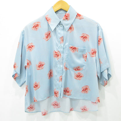 KENZO | ケンゾー クロップド丈ドロップショルダーシャツ 総柄半袖シャツ フラワープリント ローズ 薔薇 半袖シャツ FE52CH2469O1 ブルー サイズ：36【三重本店】