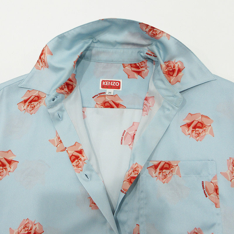 KENZO | ケンゾー クロップド丈ドロップショルダーシャツ 総柄半袖シャツ フラワープリント ローズ 薔薇 半袖シャツ FE52CH2469O1 ブルー サイズ：36【三重本店】