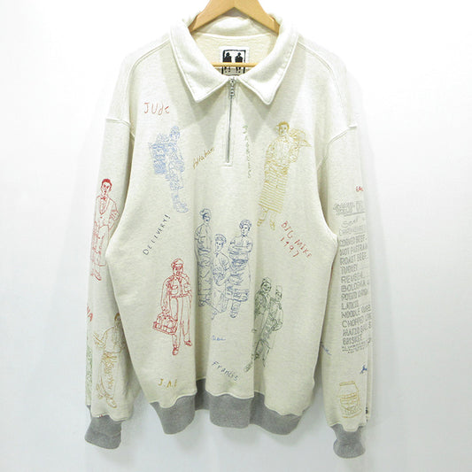 OLD | オールド SAMUEL ZELIG | サミュエルゼリグ SZ deli 1/4 zip デリ 総柄ハーフジップ長袖スウェットプルオーバー 刺繍×プリント スウェット ライトベージュ アイボリー ホワイト系 サイズ：XXL【三重本店】