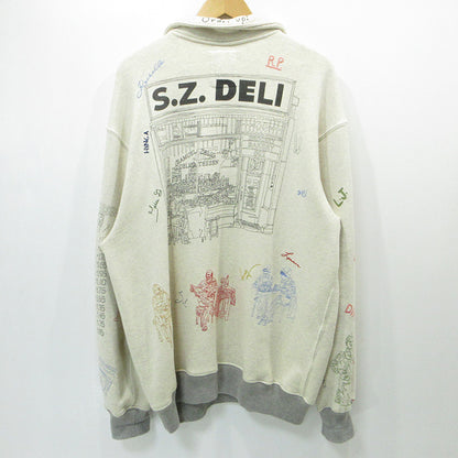 OLD | オールド SAMUEL ZELIG | サミュエルゼリグ SZ deli 1/4 zip デリ 総柄ハーフジップ長袖スウェットプルオーバー 刺繍×プリント スウェット ライトベージュ アイボリー ホワイト系 サイズ：XXL【三重本店】