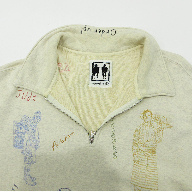 OLD | オールド SAMUEL ZELIG | サミュエルゼリグ SZ deli 1/4 zip デリ 総柄ハーフジップ長袖スウェットプルオーバー 刺繍×プリント スウェット ライトベージュ アイボリー ホワイト系 サイズ：XXL【三重本店】