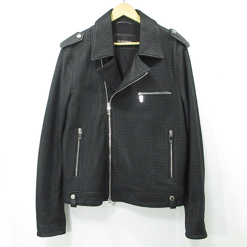 ARMANI | アルマーニ シープスキンダブルライダースレザージャケット エルボーパッチ ライダースジャケット 41R31P ブラック サイズ：1【三重本店】