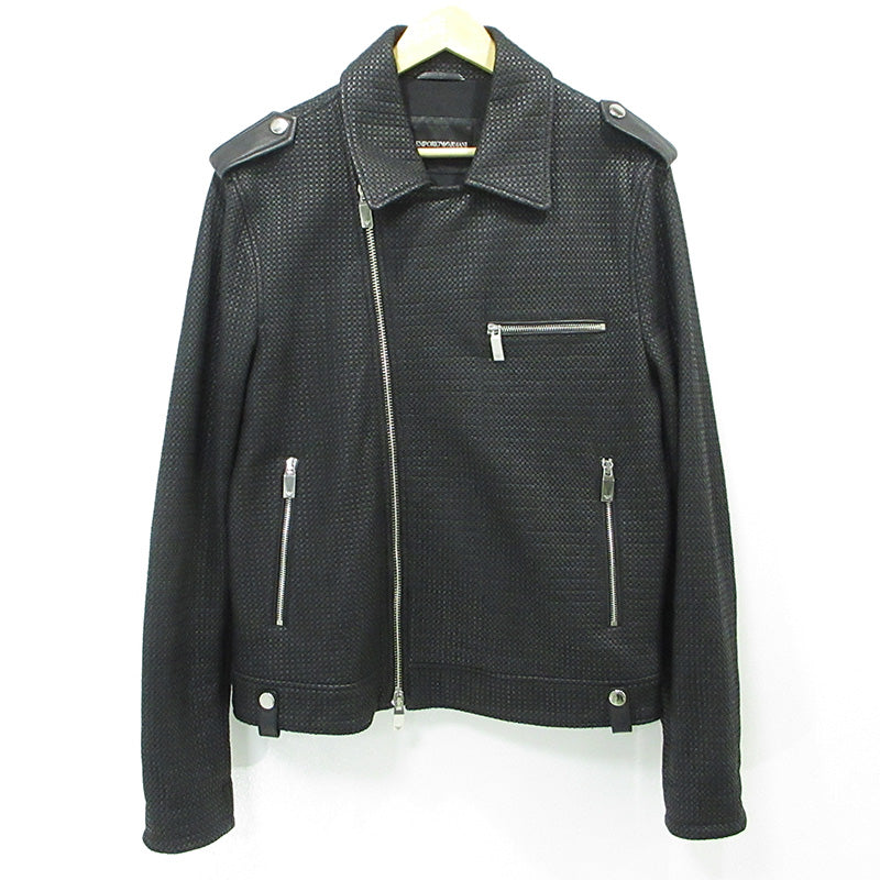 ARMANI | アルマーニ シープスキンダブルライダースレザージャケット エルボーパッチ ライダースジャケット 41R31P ブラック サイズ：1【三重本店】