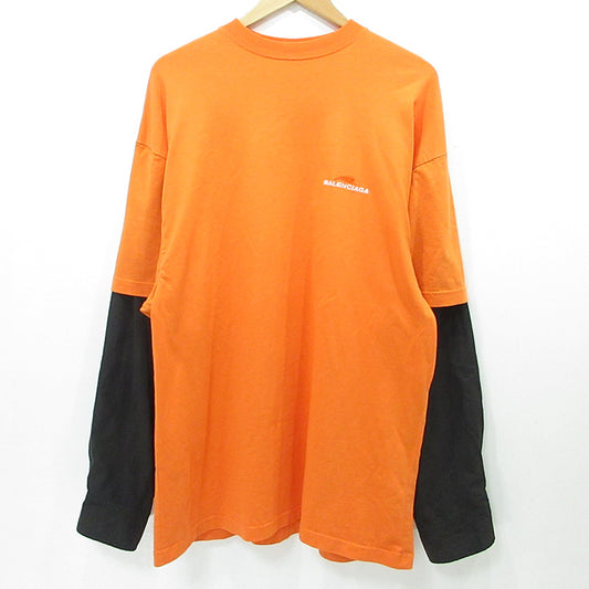 BALENCIAGA | バレンシアガ Long Sleeve T Layered Shirt ロングスリーブTレイヤードシャツ ロゴ刺繍切替え長袖Tシャツ オーバーサイズ 長袖Ｔシャツ JP57 2021 01247 オレンジ サイズ：XXS【三重本店】