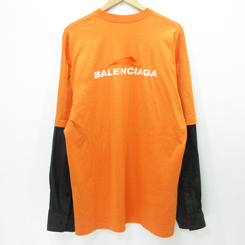 BALENCIAGA | バレンシアガ Long Sleeve T Layered Shirt ロングスリーブTレイヤードシャツ ロゴ刺繍切替え長袖Tシャツ オーバーサイズ 長袖Ｔシャツ JP57 2021 01247 オレンジ サイズ：XXS【三重本店】