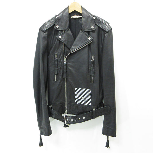 OFF-WHITE | オフホワイト バックバイアスダブルライダース ダイアゴナルプリントカウレザージャケット ロゴプリント DIAG レザー ブラック サイズ：M【三重本店】