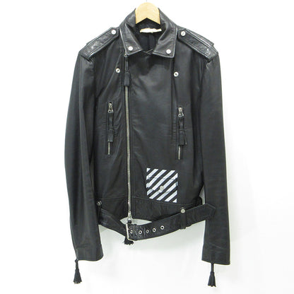 OFF-WHITE | オフホワイト バックバイアスダブルライダース ダイアゴナルプリントカウレザージャケット ロゴプリント DIAG レザー ブラック サイズ：M【三重本店】