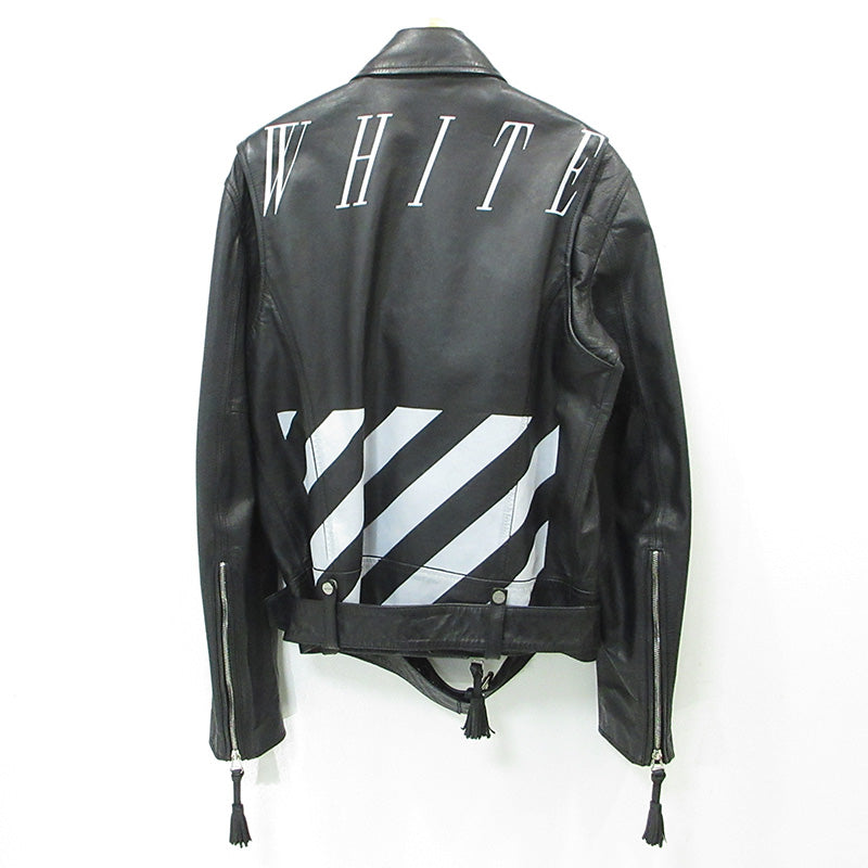 OFF-WHITE | オフホワイト バックバイアスダブルライダース ダイアゴナルプリントカウレザージャケット ロゴプリント DIAG レザー ブラック サイズ：M【三重本店】