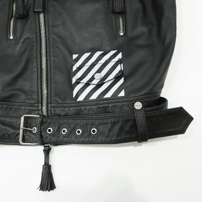OFF-WHITE | オフホワイト バックバイアスダブルライダース ダイアゴナルプリントカウレザージャケット ロゴプリント DIAG レザー ブラック サイズ：M【三重本店】