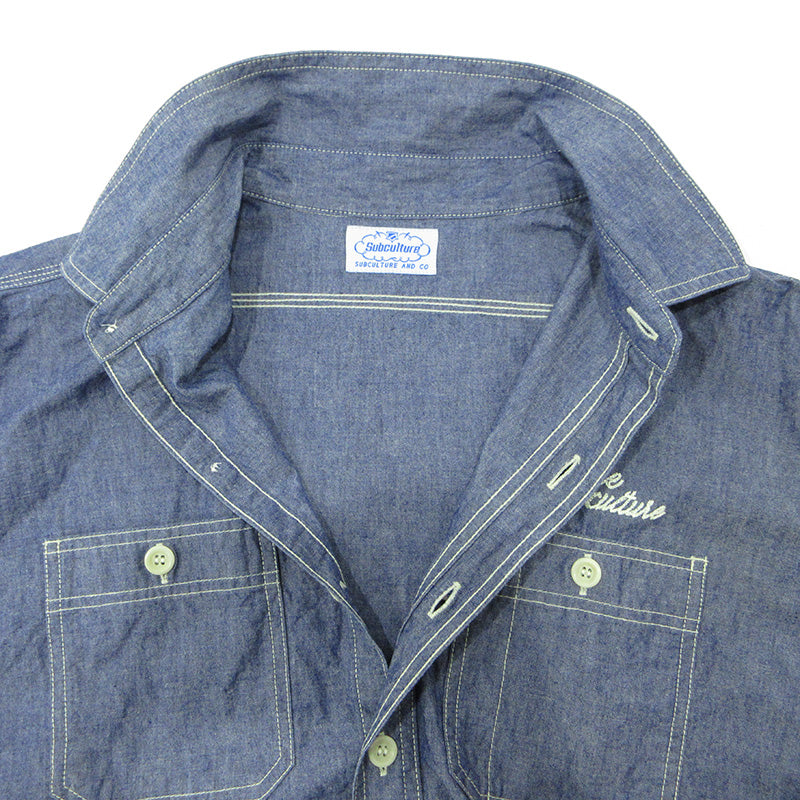 SC Subculture | サブカルチャー CHAMBRAY SHIRT シャンブレーシャツ ロゴ刺繍長袖シャツ 長袖シャツ SCTP-S2605 ブルー インディゴ サイズ：2【三重本店】