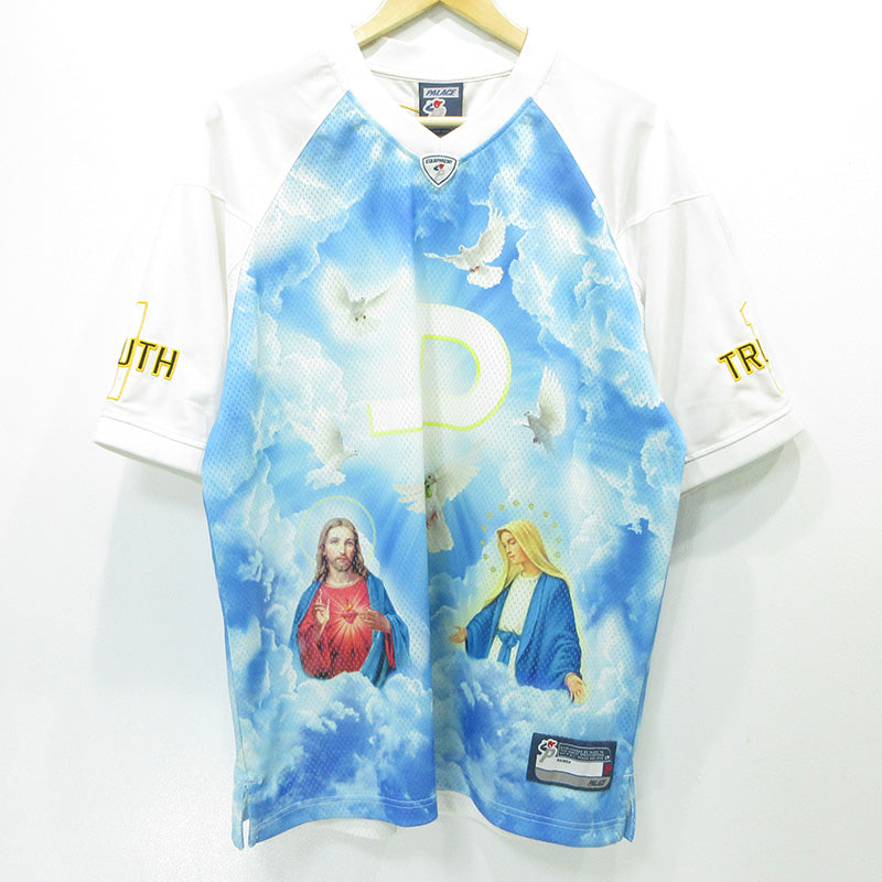 PALACE SKATEBOARDS | パレススケートボード 1 TRUTH JERSEY 1トゥルースジャージ ロゴ刺繍ゲームシャツ プリントメッシュ半袖Tシャツ 半袖シャツ ホワイト×ブルー サイズ：M【三重本店】